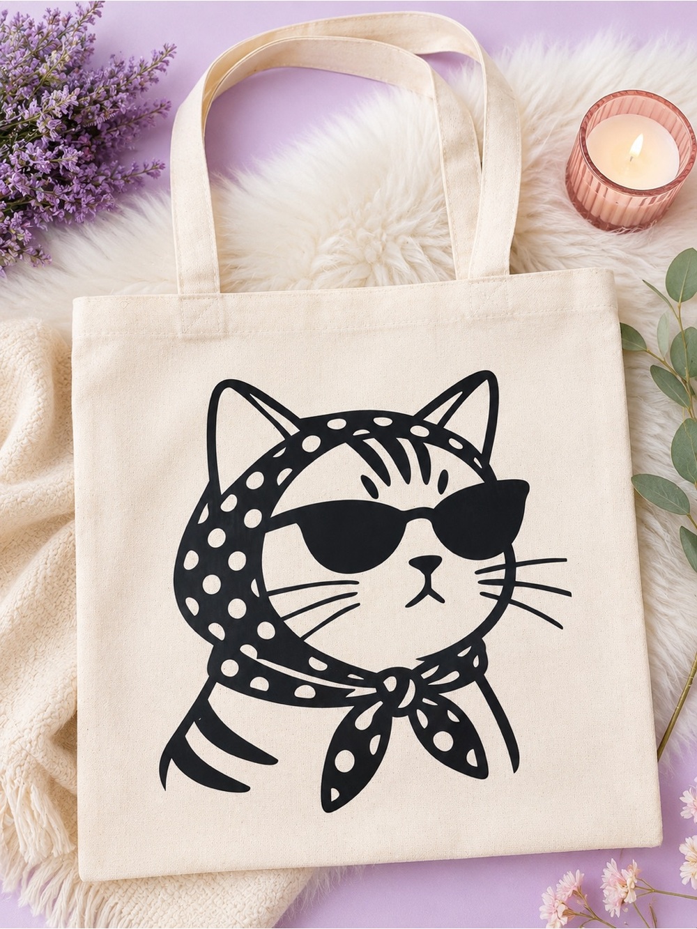 Cream Canvas Tote with Black Cat Graphic